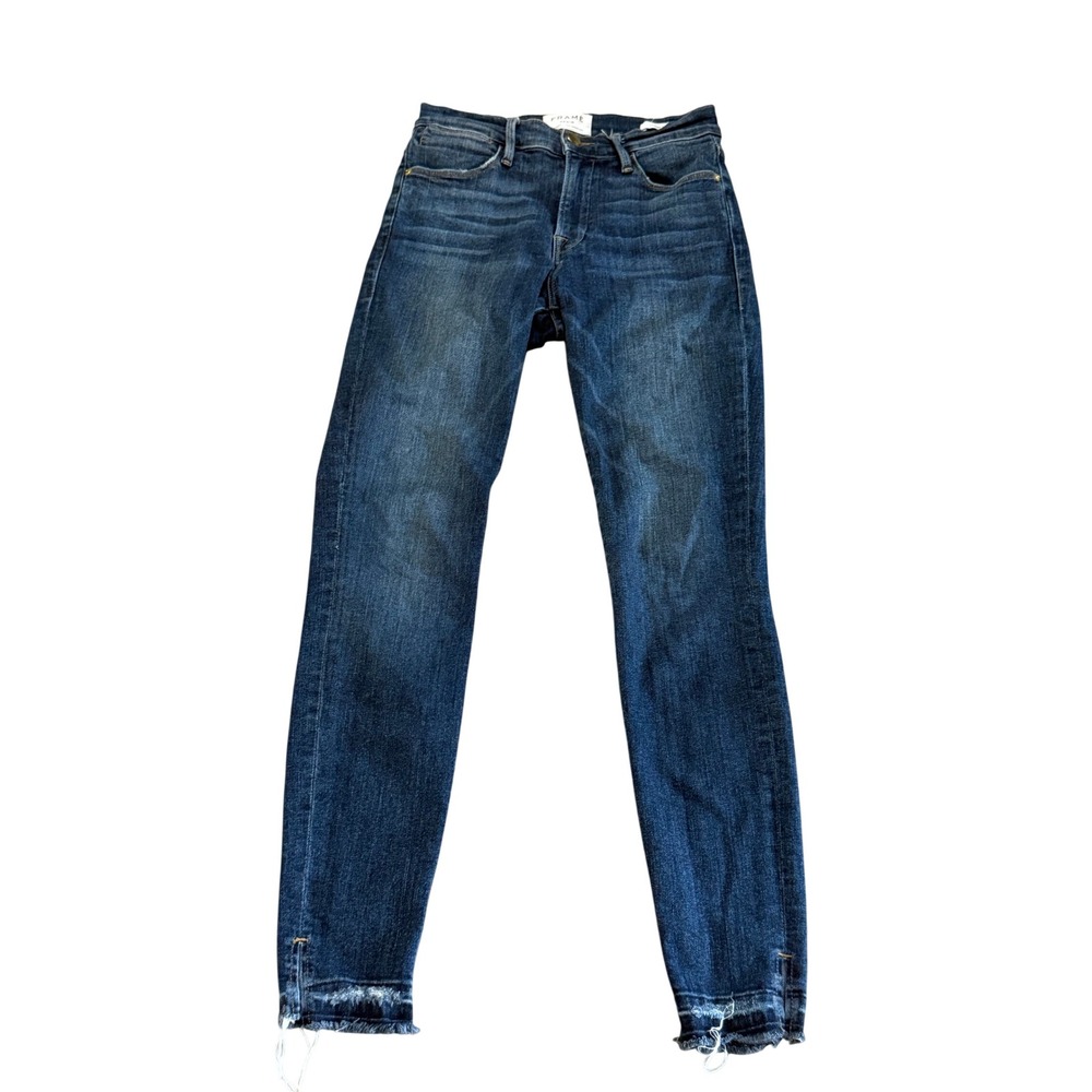 FRAME Denim Le Skinny De Jeanne Jeans Dark Indigo Distressed Raw Hem Size 25